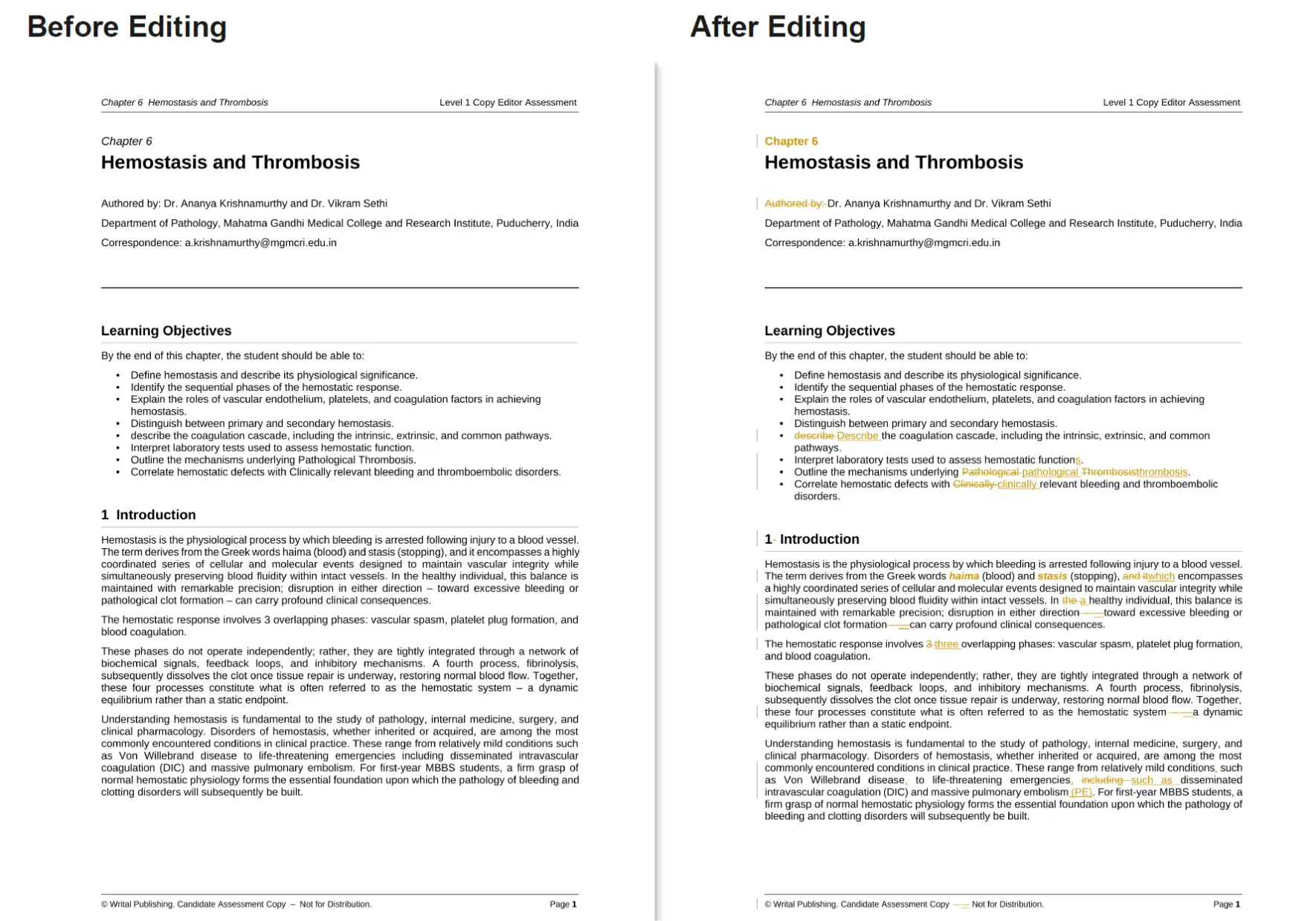 A manuscript page shown before and after copyediting, with editorial marks and corrections visible