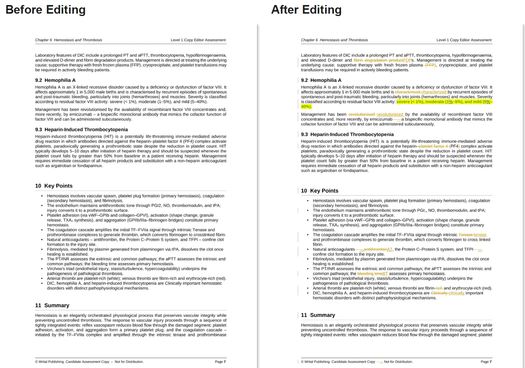 A reference page shown before and after editing, with tracked changes and annotations